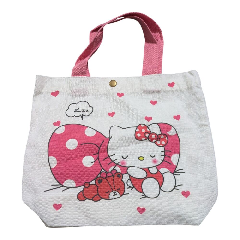 Hello Kitty Mini Tote Bag Pink Hearts Canvas Lunch Bag Purse